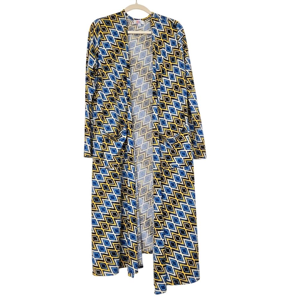 Maximalist LuLaRoe Sarah Duster Cardigan Blue/Yellow Geometric Diamond Large